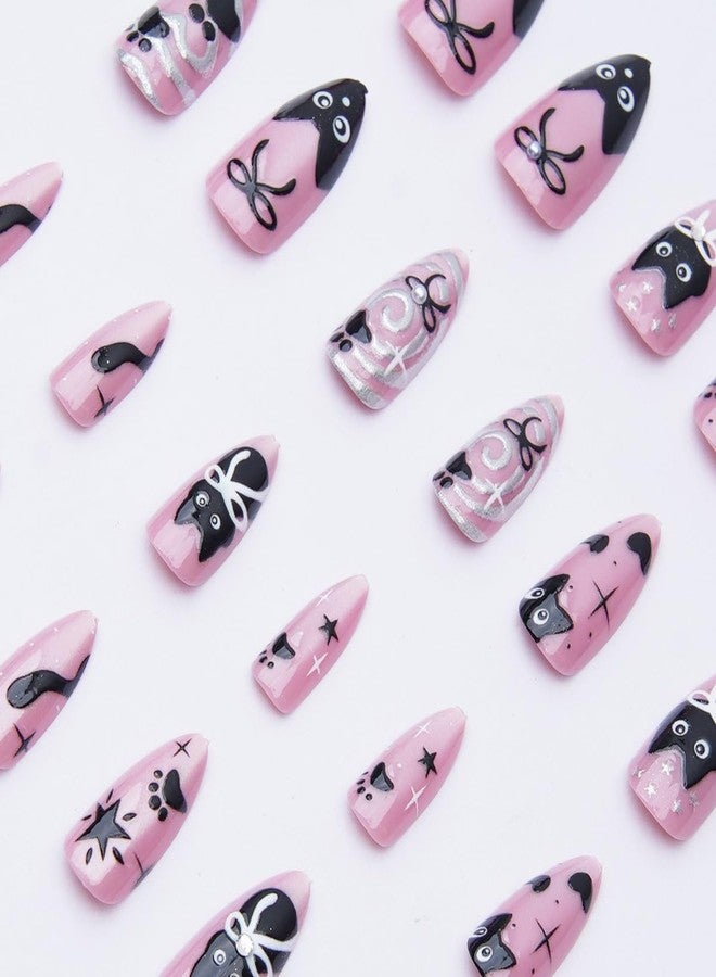 KRTBKR 24Pcs Cute Cat Press on Nails Medium Almond Pink Fake Nails Black Cat Bow with Pearl Design Full Cover Glue on Nails Artificial Reusable Silver Heart False Nails for Women Acrylic Manicure Decorations - Image 2